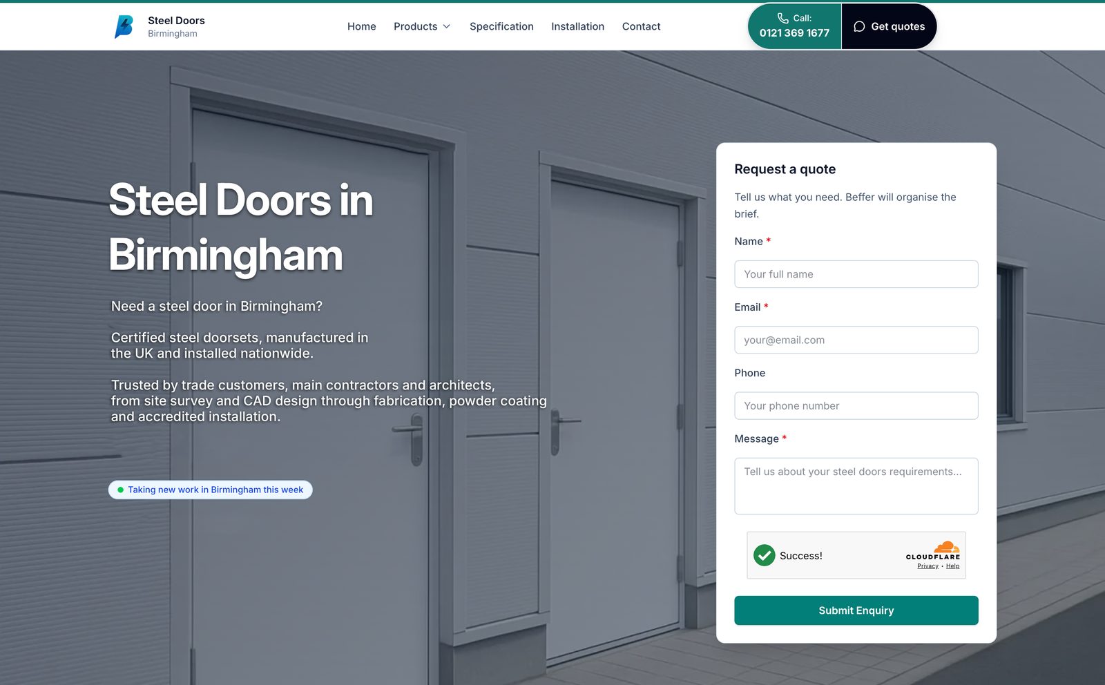 Example Beffer landing page: Steel Doors in Birmingham, with a request-a-quote form